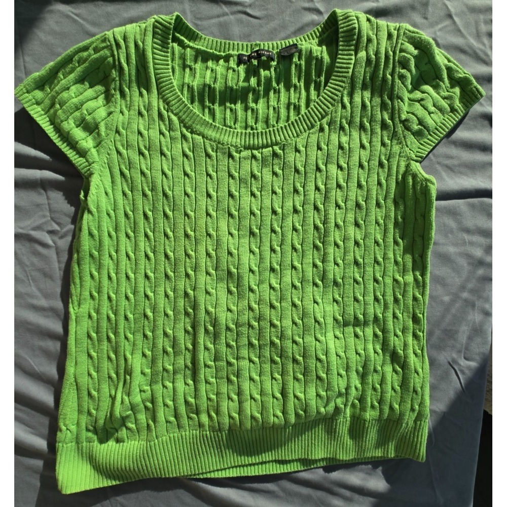 Jeanne Pierre Cable Knit Sweater Short Sleeve Size L Green Preppy Old Money Boho